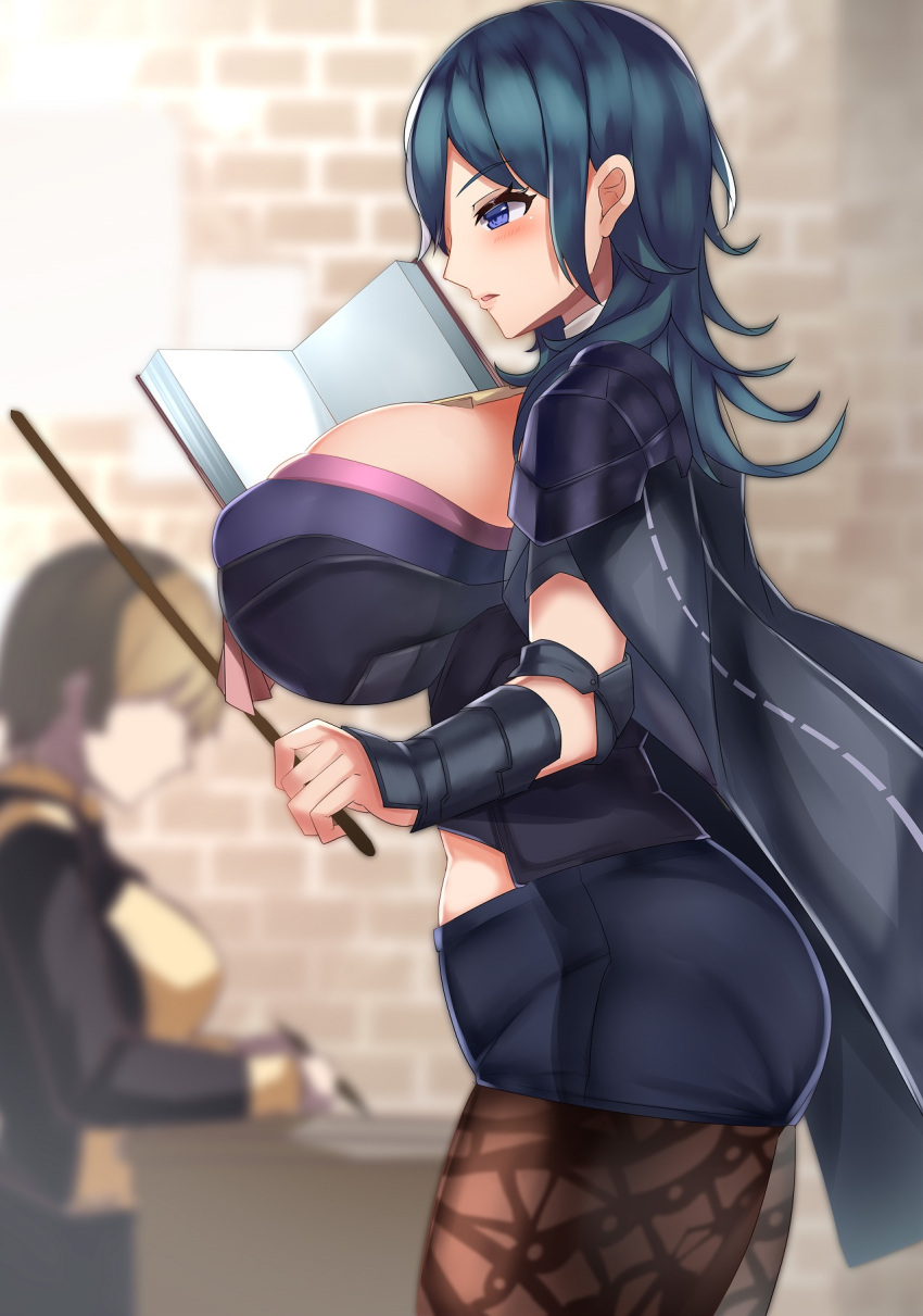 2girls blue_eyes blue_hair book breasts byleth_(fire_emblem) byleth_(fire_emblem)_(female) clothing_cutout covered_nipples faceless faceless_female female_only fire_emblem fire_emblem:_three_houses from_side hartman_hips highres hips hourglass_figure huge_breasts leggings legwear_under_shorts medium_hair multiple_girls navel navel_cutout nintendo pantyhose shorts solo_focus stick tea_texiamato teacher teaching wide_hips