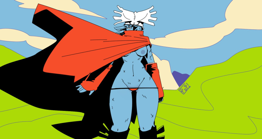 1girls artist_signature black_eyes black_hair blue_skin boots breasts cape gloves hylics minimalist_background nipples outside panties popthesnowman red_cape red_gloves red_panties scarred somsnosa_(hylics) standing tagme thick_thighs thighs topless