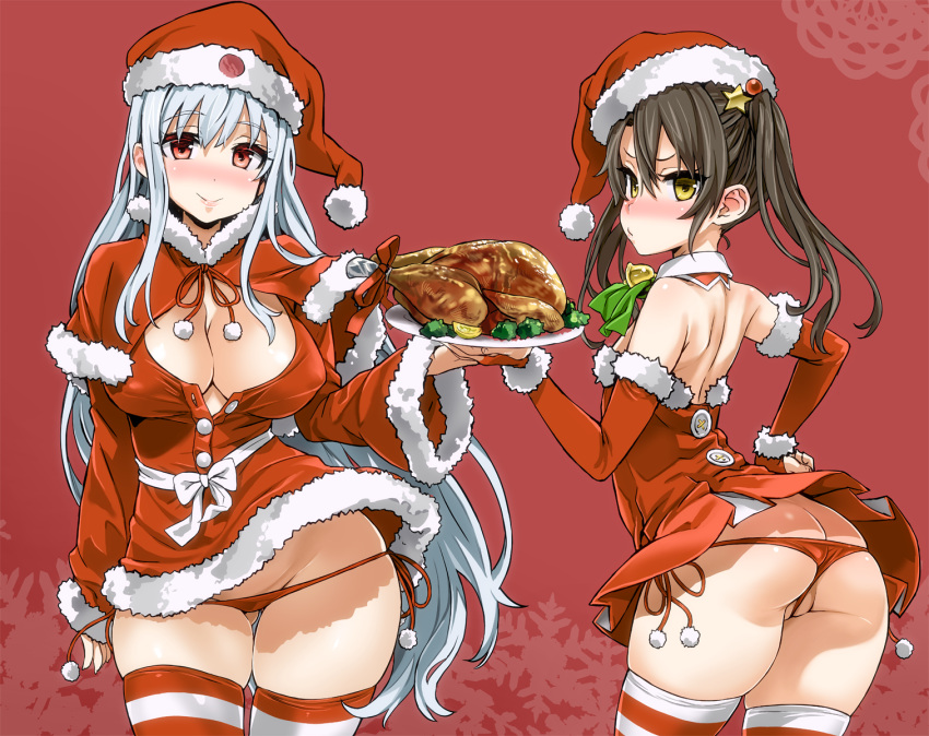 2girls asanagi ass ass_cleavage bare_shoulders black_hair blush breasts brown_eyes butt_crack buttons capelet christmas cleavage covered_nipples detached_collar elbow_gloves fingerless_gloves food gloves hat highres kantai_collection large_breasts long_hair looking_at_viewer multiple_girls panties partially_visible_vulva plate red_eyes red_gloves red_panties santa_costume santa_hat shoukaku_(kantai_collection) side-tie_panties silver_hair smile striped striped_legwear thighhighs turkey_(food) twintails underwear very_long_hair zuikaku_(kantai_collection)