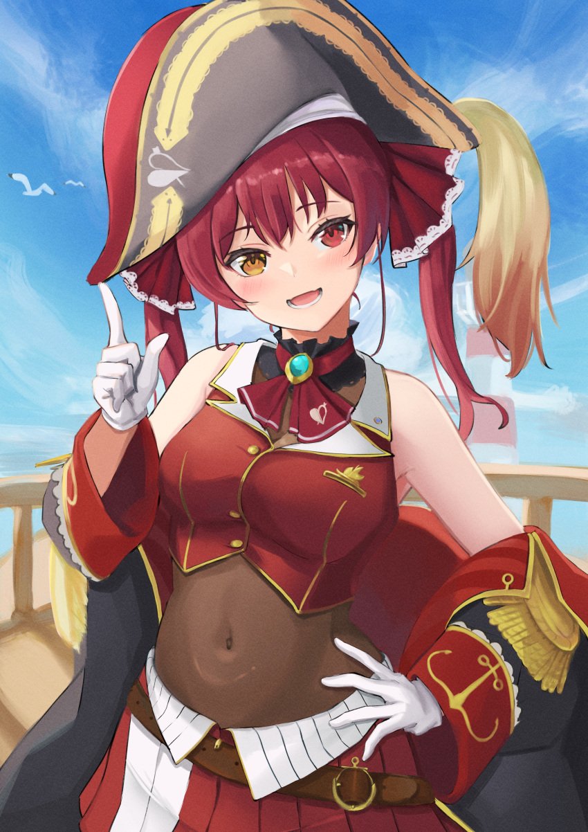 1girls bangs bare_shoulders blush different_eye_color female female_only hair_ribbon heterochromia hololive hololive_fantasy hololive_japan houshou_marine jacket jacket_partially_removed looking_at_viewer pink_hair pirate red_eyes see-through see-through_clothing smile smiling solo sukocchi twintails virtual_youtuber white_gloves yellow_eyes