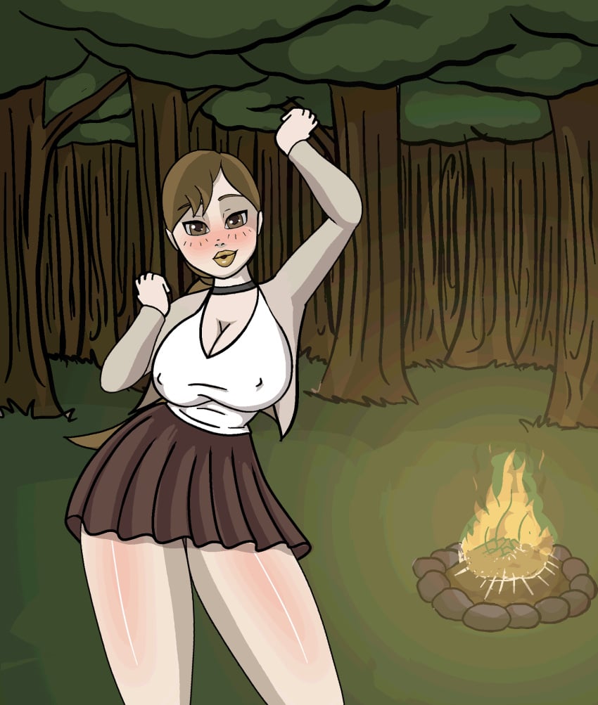 1girls animated athorment_oc big_breasts blush bouncing_breasts breasts brown_eyes brown_hair campfire choker cleavage dancing female female_focus female_only forest gabriela_(athorment) jvdarkomx long_hair miniskirt nipple_bulge ponytail skirt tagme thick_thighs thighs wide_hips