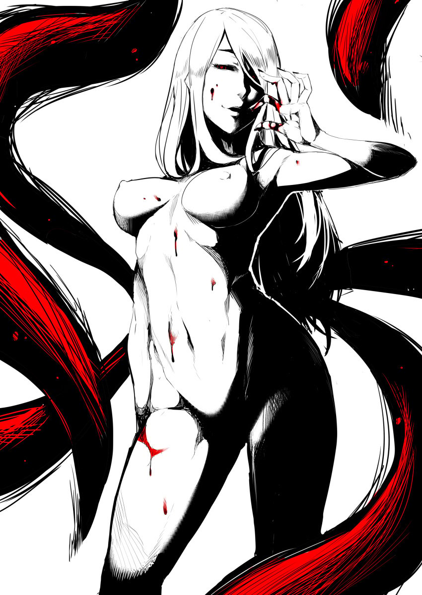 absurdres blood breasts female highres kamishiro_rize long_hair medium_breasts nakamura_regura navel nipples nude small_penis_humiliation solo standing tokyo_ghoul