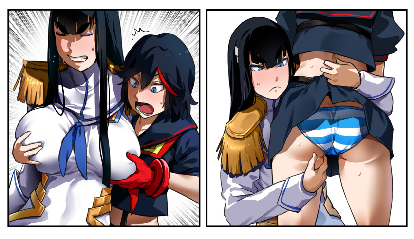 2girls ass bakkanki big_breasts blush breast_grab breasts canon_panties female female_only gloves groping incest kill_la_kill kiryuuin_satsuki matoi_ryuuko multiple_girls panties pantyshot satoriwappa shimapan sisters skirt skirt_lift striped_panties sweat thighs tomboy underwear upskirt yuri