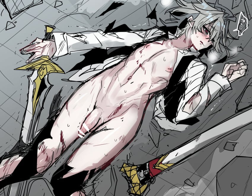 1boy blood blush censor_bar censored censored_penis fate_(series) femboy haoro male male_only mostly_nude nipples penis red_eyes red_eyes_male ripped_clothing sieg_(fate/apocrypha) solo sword topwear weapon