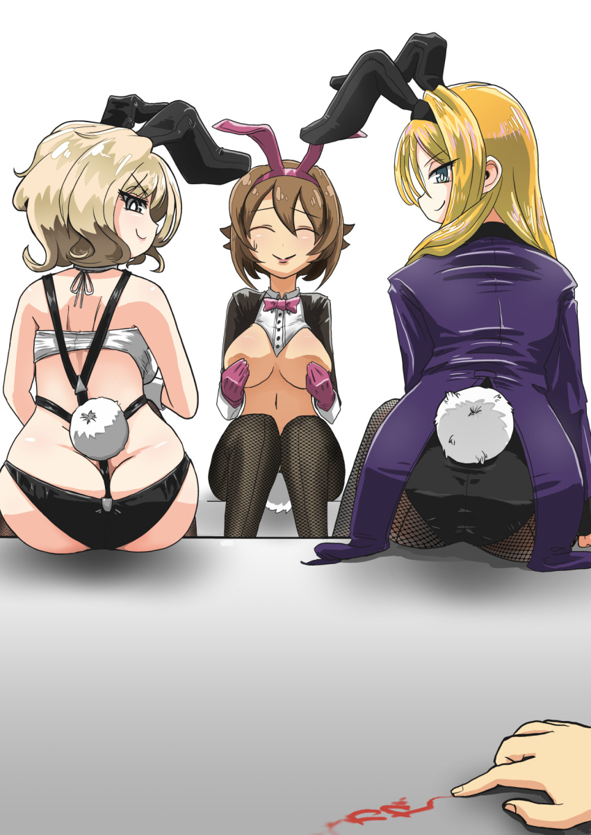 3girls alternate_costume animal_ears ass black_leotard black_shorts blonde_hair blue_eyes breasts brown_eyes brown_hair colorado_(kantai_collection) comic covering_nipples fake_animal_ears fake_tail fishnet_legwear fishnets flipped_hair gloves grey_eyes high_heels highres issandshinnichi kantai_collection large_breasts leotard long_hair long_sleeves meme_attire micro_shorts multiple_girls mutsu_(kantai_collection) navel nelson_(kantai_collection) pantyhose pink_footwear pink_gloves playboy_bunny rabbit_ears rabbit_tail revealing_clothes reverse_bunnysuit reverse_outfit short_hair shorts suspender_shorts suspenders tail thighhighs wrist_cuffs