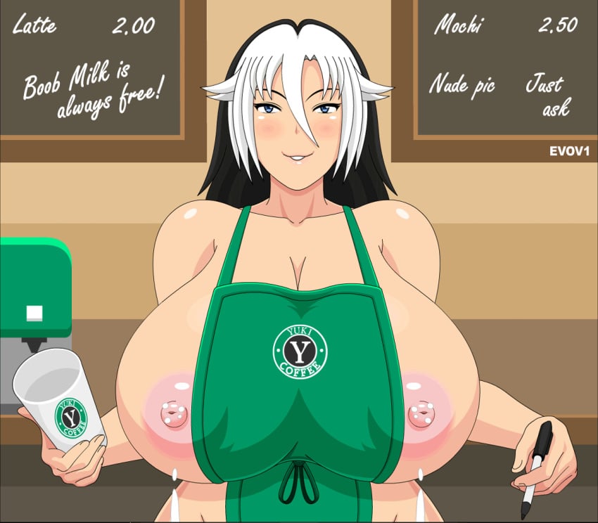 animated animated_gif apron areolae big_breasts black_and_white_hair breast_milk breast_milk_squirt breasts busty cleavage enormous_breasts erect_nipples evov1 gif huge_areolae huge_breasts huge_nipples iced_latte_with_breast_milk lactating lactation lactation_without_expressing massive_breasts meme milk milk_squirt nipples voluptuous yuki_hellstrom