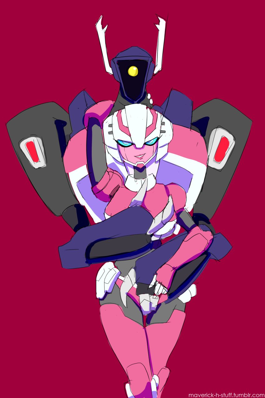 1_eye 1boy 1girls arcee arcee_(tfa) blue_eyes boobs breast_grab breast_squeeze breasts female grope groping groping_breasts groping_crotch groping_from_behind male maverick-crafts red_background robot robot_girl robot_humanoid shockwave shockwave_(transformers) straight transformers transformers_animated