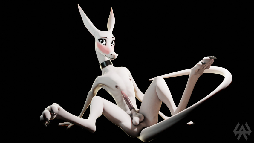 3d_(artwork) animal_genitalia anthro balls black_lips blush collar digital_media_(artwork) erection fangs genitals hairless hi_res lips long_feet long_tail male monster nipple_piercing nipples nude pale_skin paws piercing pointy_nose saz sazemek sheath slim smooth_skin solo white_body