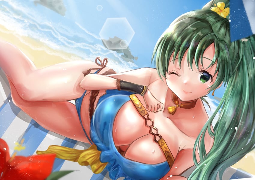 1girls ;) alternate_costume bare_legs bare_shoulders beach bikini blue_bikini blue_swimsuit breasts cleavage collarbone female_only fire_emblem fire_emblem:_the_blazing_blade fire_emblem_heroes flower green_eyes green_hair hair_flower large_breasts long_hair looking_at_viewer lyn_(fire_emblem) lyn_(summer)_(fire_emblem) lyndis_(fire_emblem) nintendo ocean official_alternate_costume on_side one_eye_closed ponytail smile solo swimsuit wink yui_(msy1302mana)