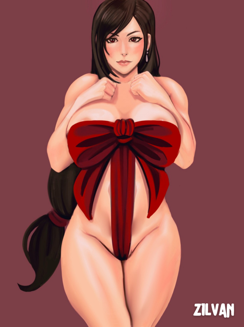 1girls big_breasts breasts christmas final_fantasy final_fantasy_vii final_fantasy_vii_remake light-skinned_female light_skin nude nude_female red_eyes ribbon ribboned_body solo solo_female square_enix tied_hair tifa_lockhart zilvan