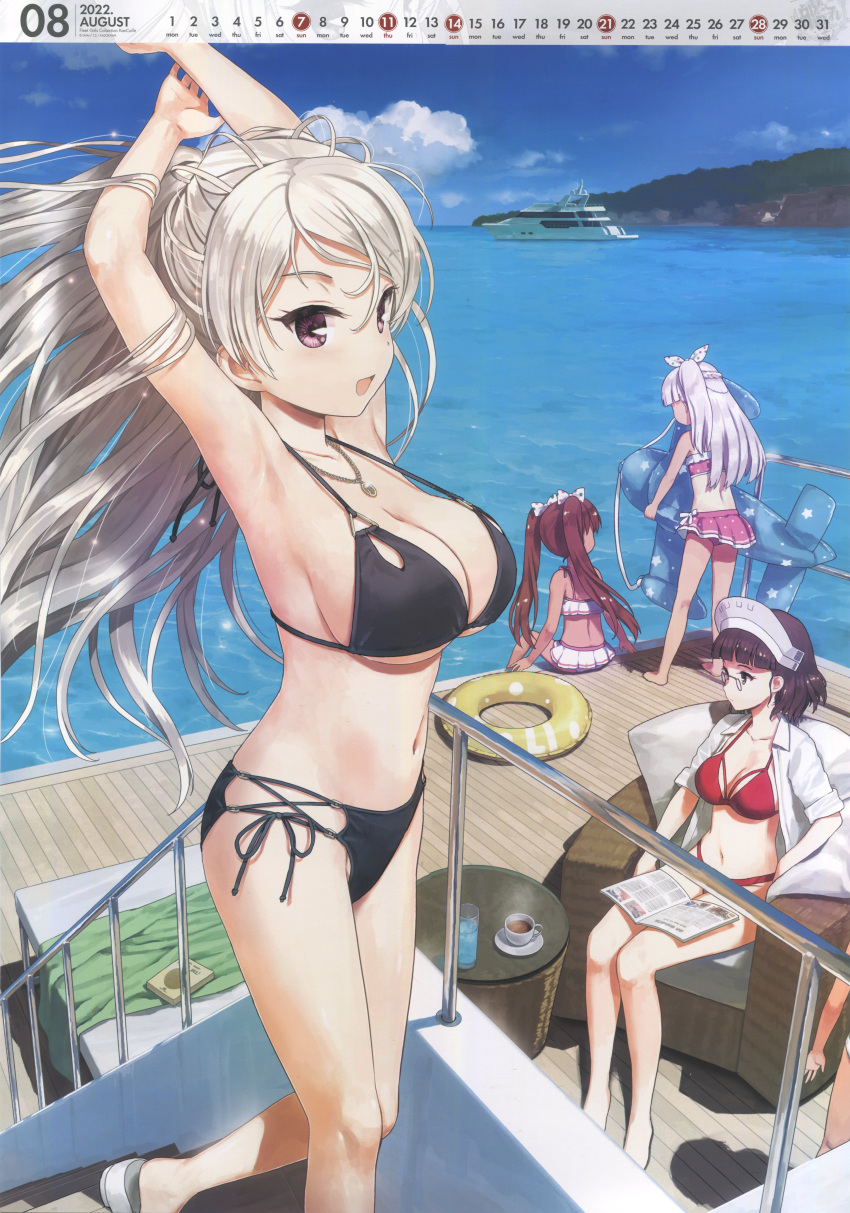 4girls absurdres august_(month) bare_arms bare_legs bare_shoulders bikini black_bikini blush book breasts brown_eyes brown_hair calendar_(medium) cleavage coffee conte_di_cavour_(kantai_collection) cruiser cup day drinking_glass highres incredibly_absurdres innertube jiji_(aardvark) kantai_collection large_breasts libeccio_(kantai_collection) long_hair maestrale_(kantai_collection) military military_vehicle multiple_girls navel ocean official_art one_side_up open_book open_mouth pince-nez pink_bikini polka_dot polka_dot_bikini red_bikini roma_(kantai_collection) scan ship short_hair silver_hair sitting smile swimsuit twintails warship watercraft white_bikini