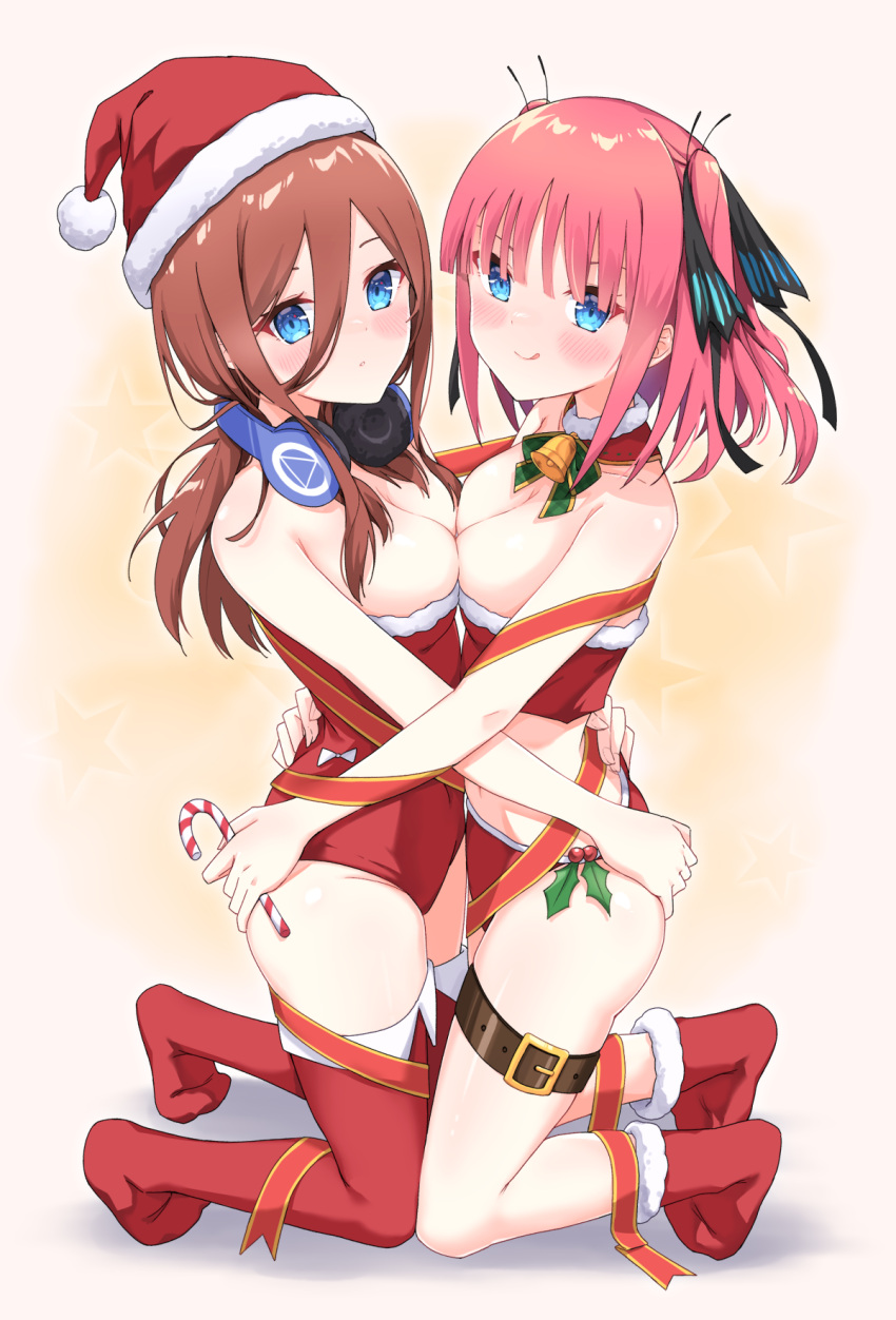 2girls :q alternate_costume bare_shoulders bell belt black_ribbon blue_eyes breast_press breasts brown_belt christmas go-toubun_no_hanayome hair_between_eyes hair_ribbon hat headphones headphones_around_neck highres kneeling leg_belt long_hair looking_at_viewer medium_breasts multiple_girls nakano_miku nakano_nino neck_bell profnote red_footwear red_hair red_headwear red_legwear red_ribbon ribbon santa_hat siblings sisters smile symmetrical_docking thighhighs thighs tongue tongue_out twins two_side_up