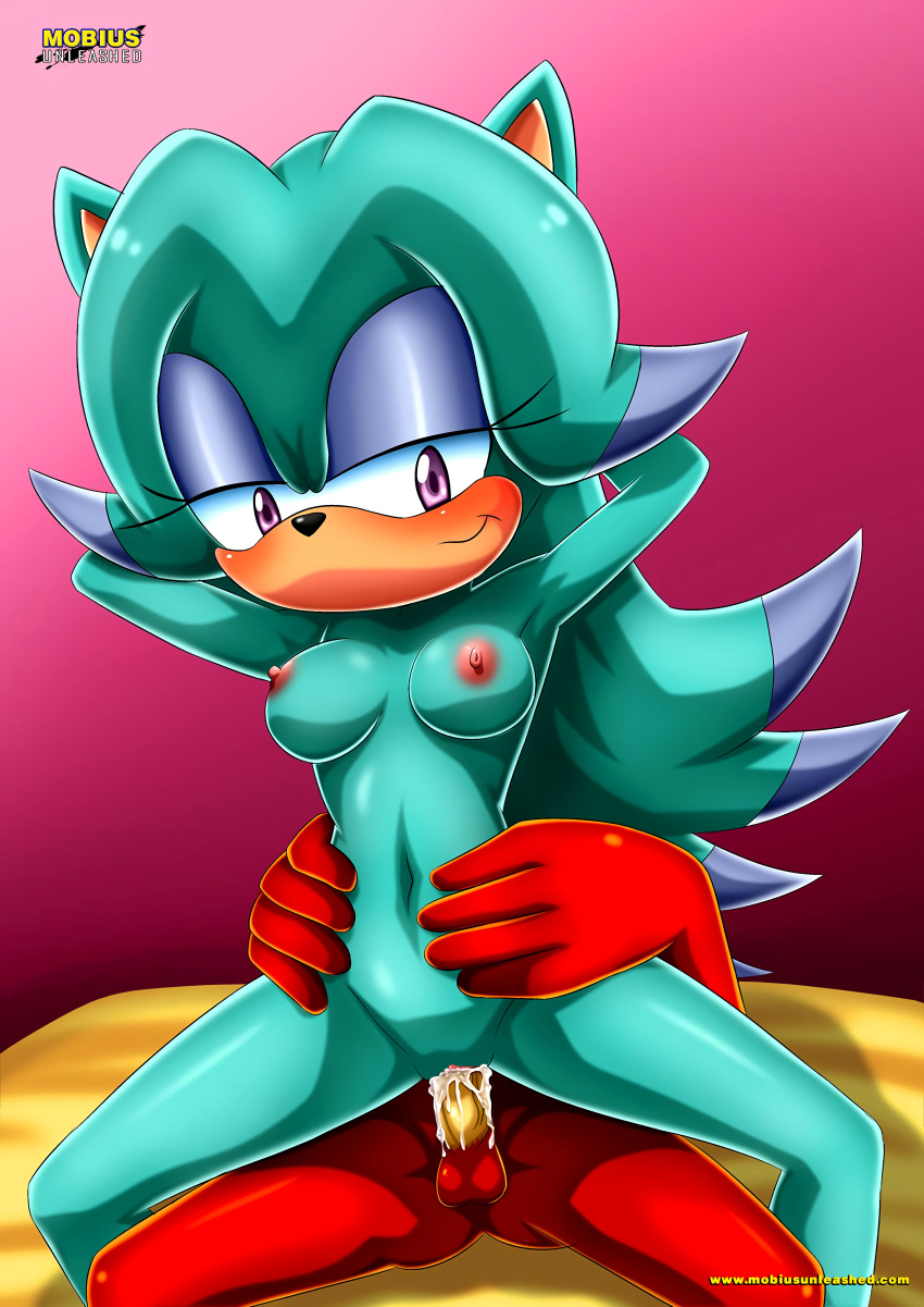 1:sqrt2 1boy 1girls 5_fingers absurd_res anthro archie_comics arms_behind_head ass balls bbmbbf big_breasts blush bodily_fluids breasts breezie_the_hedgehog breezie_the_hedgehog_(archie) digital_media_(artwork) erection eyeshadow female female_focus female_on_top furry grabbing grabbing_midriff green_body green_fur green_hair hedgehog hi_res knuckles_the_echidna looking_at_viewer makeup male male/female mascara mobius_unleashed nipples palcomix penis purple_eyes red_body red_fur reverse_cowgirl_position sega sitting sonic_(series) sonic_the_hedgehog_(archie) sonic_the_hedgehog_(comics) spread_legs straight two_tone_hair unseen_male_face