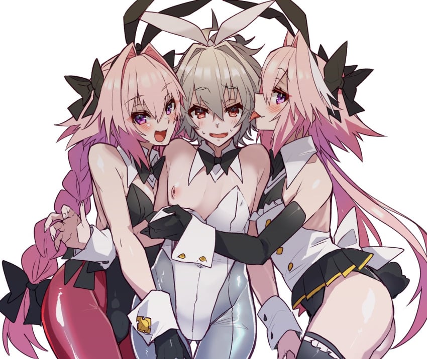 3boys armwear astolfo_(fate) black_armwear bunnysuit fake_animal_ears fate_(series) femboy femboy_on_femboy femboydom femboysub gay haoro legwear male_only maledom malesub pink_hair pink_hair_male ponytail ponytail_male sieg_(fate/apocrypha) yaoi