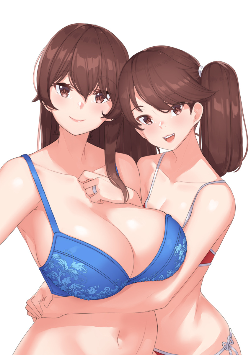 2girls bangs beanie blue_bra bra breast_lift breasts brown_eyes brown_hair cleavage closed_mouth eyebrows_visible_through_hair franham hair_between_eyes hand_on_own_chest hat highres hug huge_breasts jewelry kaga_(kantai_collection) kantai_collection long_hair looking_at_viewer multiple_girls navel open_mouth panties photoshop_(medium) pink_lips reaching_out red_bra red_panties ring ryuujou_(kantai_collection) selfie side-tie_panties smile swept_bangs twintails underwear upper_body wedding_band yuri