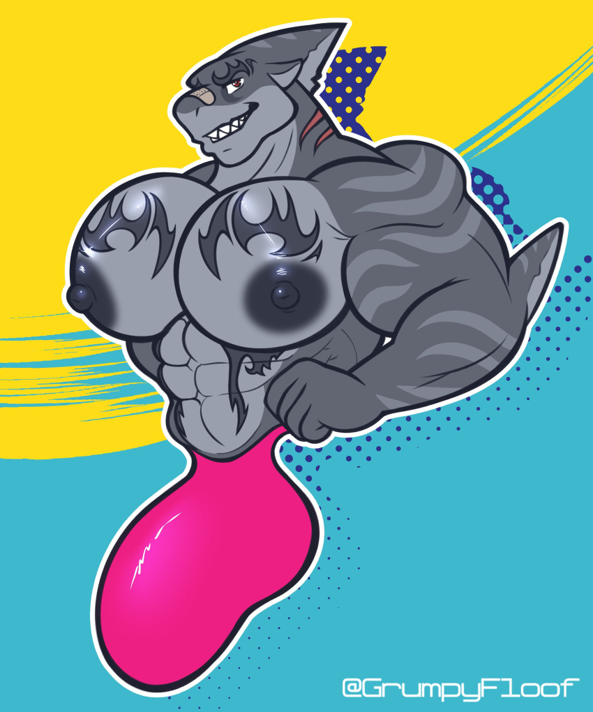 2022 5:6 abs abstract_background absurd_res anthro band-aid bandage barazoku big_bulge big_muscles big_nipples big_pecs blue_background bulge clothing fin fish gills grumpyfloof hands_on_hips hi_res huge_bulge looking_at_viewer male male_only marine muscular muscular_anthro muscular_male nipples obliques pecs shark sharp_teeth simple_background smile solo tattoo teeth text thong underwear url yellow_background