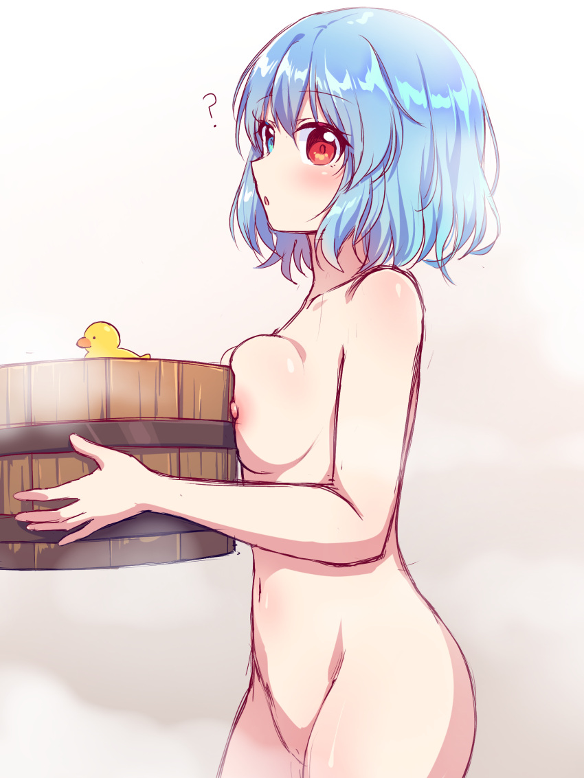 ? blue_eyes blue_hair blush breasts bucket caramell0501 collarbone completely_nude cowboy_shot eyebrows_visible_through_hair female from_side hair_between_eyes highres holding holding_bucket kogasa_tatara large_breasts navel nipples nude open_mouth red_eyes rubber_duck short_hair solo touhou