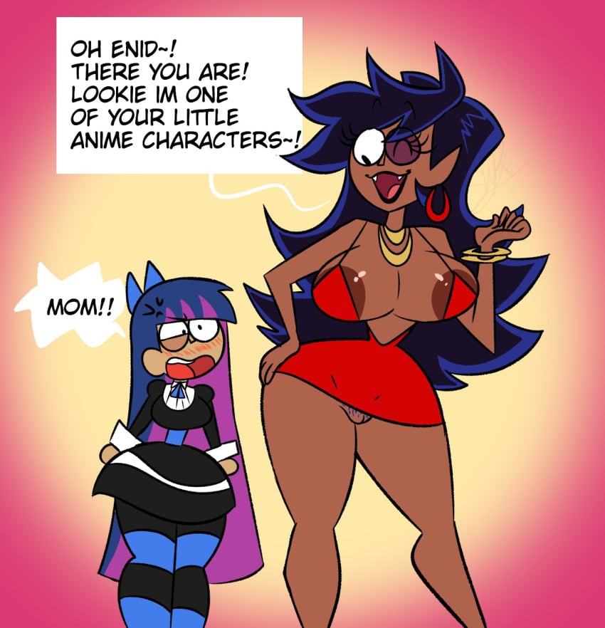 2girls age_difference big_breasts black_hair blush cartoon_network clothed clothing cosplay crossover_cosplay dark-skinned_female dark_nipples dark_skin daughter dress earrings english_text enid female female_focus female_only hourglass_figure huge_breasts lolita_fashion long_hair mature_female milf mother mother_and_daughter multiple_girls ok_k.o.!_let's_be_heroes one_eye_closed open_mouth panty_&_stocking_with_garterbelt panty_anarchy_(cosplay) pixelzsinful pubic_hair pussy skirt_too_short speech_bubble stocking_anarchy_(cosplay) text vampire wide_hips wilhamena