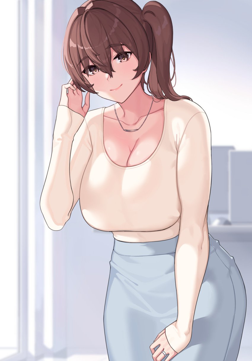 alternate_costume bangs blouse breasts brown_eyes brown_hair casual cleavage collarbone computer computer_tower cowboy_shot eyebrows_visible_through_hair female franham hand_on_thigh hand_up high-waist_skirt highres indoors jewelry kaga_(kantai_collection) kantai_collection large_breasts leaning_forward long_hair long_sleeves looking_at_viewer monitor mouse_(computer) necklace ring side_ponytail skirt smile window