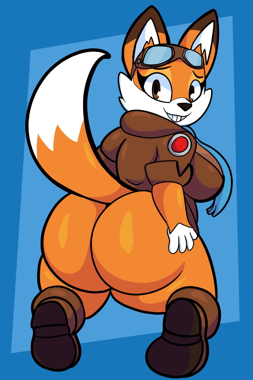 absurd_res anthro ass big_ass big_breasts big_butt blue_scarf boots bottomless breasts brown_body brown_boots brown_clothing brown_eyes brown_footwear brown_fur brown_jacket brown_topwear canid canine clothed clothing eyewear female footwear fox fur goggles hand_on_ass hand_on_butt hi_res holding_butt huge_ass huge_butt jacket looking_at_viewer looking_back lyra_swiftail mammal orange_body orange_fur scarf smile solo someth1ngoranother super_lucky's_tale teeth thick_thighs topwear white_body white_fur wide_hips