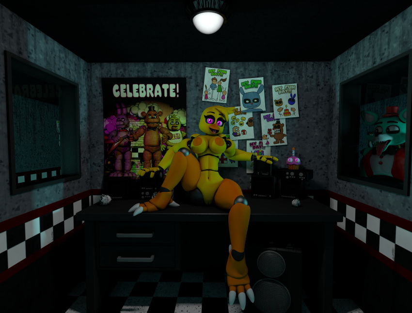 3d animatronic chica_(fnaf) five_nights_at_freddy's fnaf michel_the_blue_fox nightbotgrey spying the_blue_fox