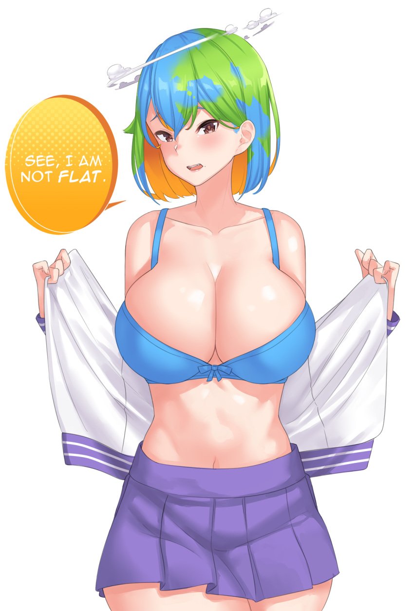 bangs blue_bra blue_hair boobs bow bow_bra bra breasts brown_eyes cloud collarbone earth-chan english_text female franham green_hair highres huge_breasts looking_at_viewer multicolored_hair navel open_clothes open_shirt orange_hair original photoshop_(medium) pink_lips pleated_skirt purple_skirt school_uniform shirt short_hair skindentation skirt solo speech_bubble the_truth thick_thighs thighs underwear undressing