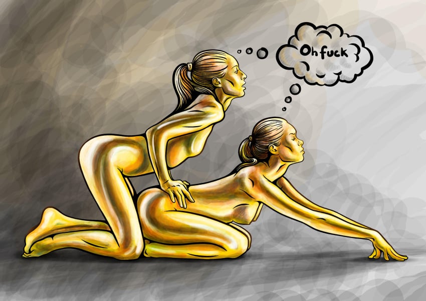 2girls artist_request barefoot completely_nude completely_nude_female cussing female female_only from_side full_body gold_(metal) gold_statue golden gradient_background grey_background high_ponytail kneeling long_hair metal metal_body metal_transformation metallic metallic_body multiple_girls nude_female on_floor petrification profanity shared_thought_bubble simple_background skinny_female small_breasts statue statue_transformation statuefication statuefied thought_bubble transformation yuri