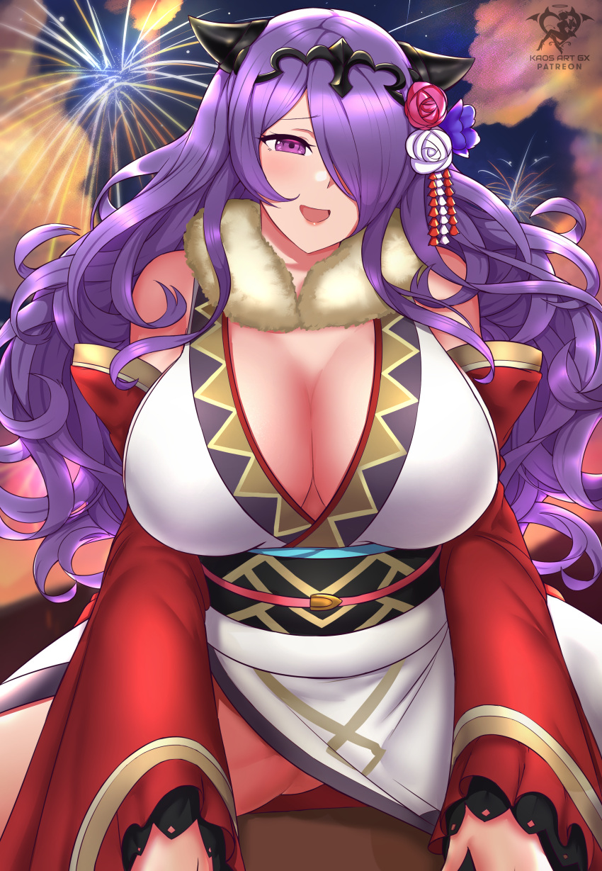 1girls 2021 alternate_costume artist_logo artist_signature blush breasts camilla_(fire_emblem) camilla_(new_year)_(fire_emblem) cleavage clothed clothed_female detached_sleeves female female_only fire_emblem fire_emblem_fates fire_emblem_heroes fur_collar hair_ornament hair_over_one_eye hi_res huge_breasts japanese_clothes kaos_art kimono long_hair looking_at_viewer new_year nintendo official_alternate_costume open_mouth outdoors purple_eyes purple_hair smile spread_legs thick_thighs thighs very_long_hair