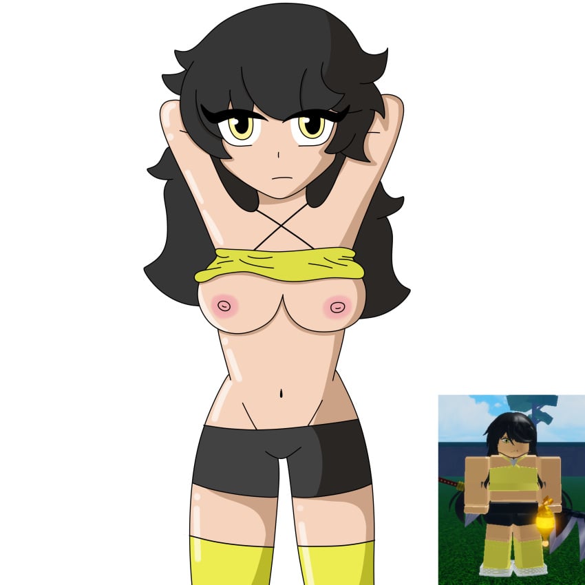 1girls alternate_version_available bored_expression breasts dark_hair female female_only grand_piece_online grapeice kneehighs kneesocks pants_around_thighs reference_image roblox roblox_game robloxian self_upload stockings tagme yellow_clothing yellow_eyes yellow_socks