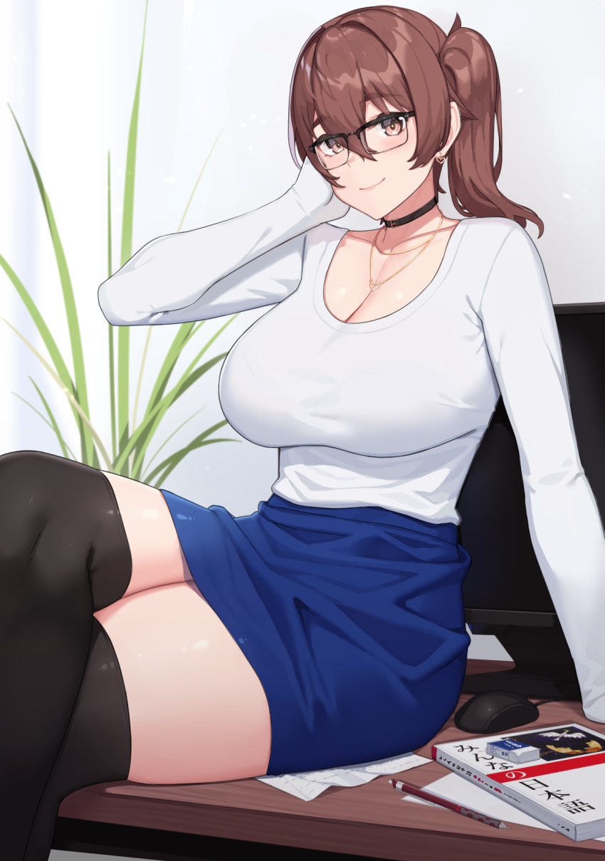 arm_support bespectacled black_legwear blue_skirt blush breasts brown_hair cleavage closed_mouth collarbone desk female franham glasses highres indoors jewelry kaga_(kantai_collection) kantai_collection large_breasts long_sleeves looking_at_viewer monitor mouse_(computer) necklace on_desk side_ponytail sitting sitting_on_desk skirt smile solo sweater thighhighs white_sweater