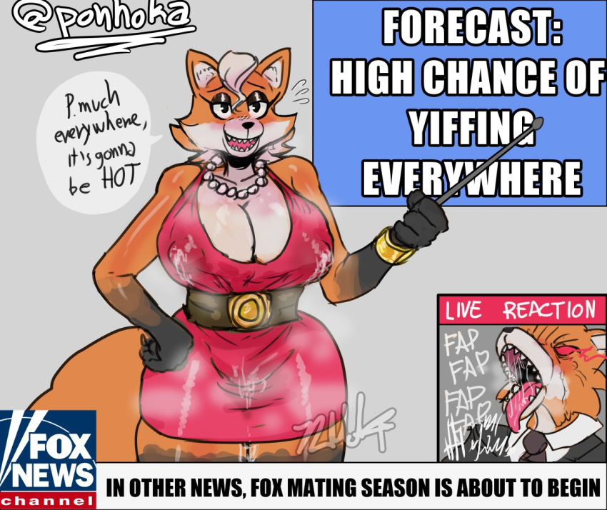 72hoka angry_eyes anthro big_breasts blush bodily_fluids breasts clothing dress duo erect_nipples fangs female forecast fox fox_girl fox_news fur furry genital_fluids jewelry leaking_through_clothing male masturbation meme necklace necktie nipples pearl_necklace pussy_juice red_dress saliva saliva_string shitpost suit tight_clothing tongue tongue_out white_body white_fur white_hair