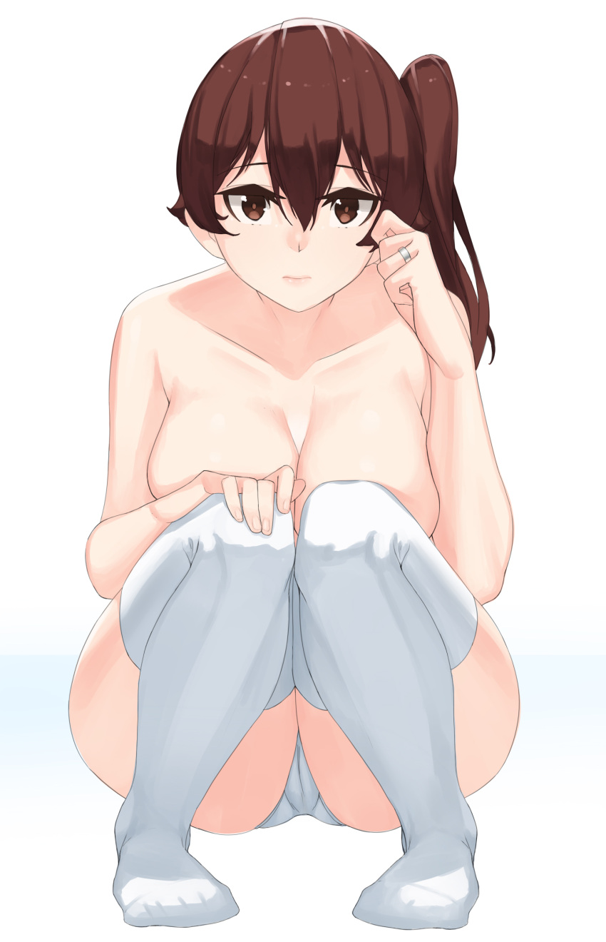 breasts brown_eyes brown_hair collarbone covering covering_breasts female franham highres jewelry kaga_(kantai_collection) kantai_collection large_breasts looking_at_viewer panties photoshop_(medium) ring side_ponytail solo squatting topless underwear white_background white_legwear white_panties