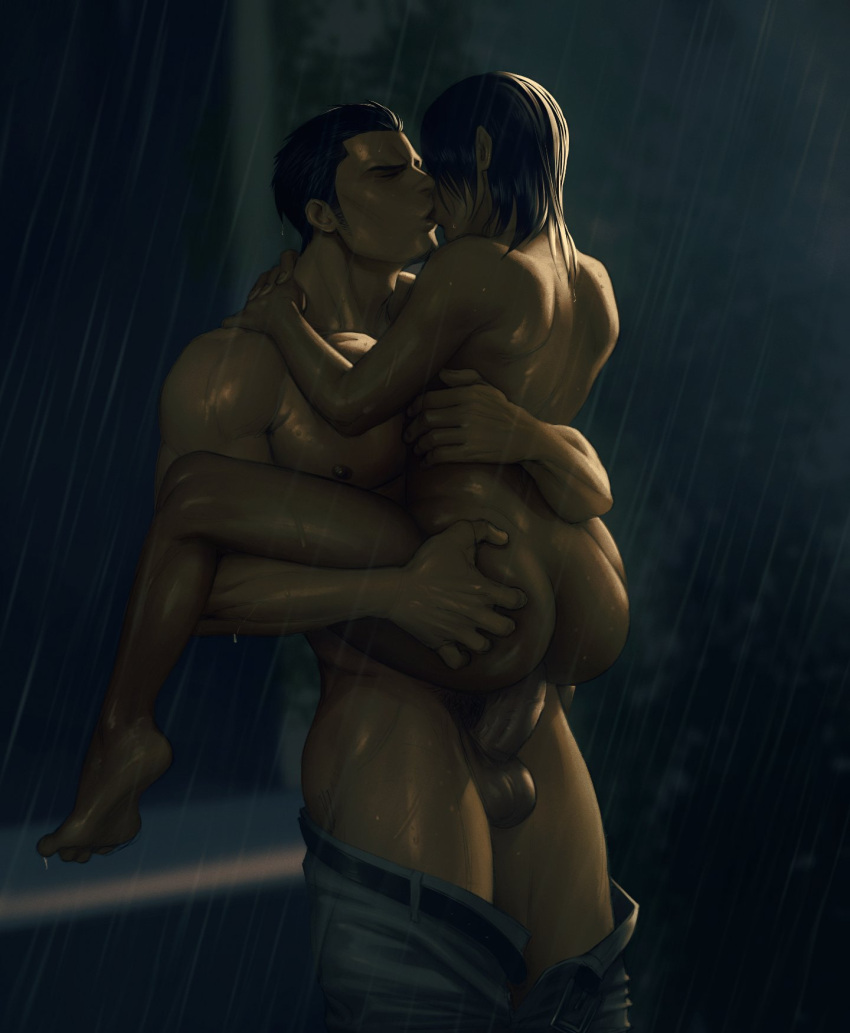 1boy 1girls ass ass_grab back balls carrying closed_eyes feet juhihuji kiryu_kazuma kissing nude pants_down penis pink_skin rain raining ryuu_ga_gotoku sex short_hair standing standing_sex straight wet yakuza_(series)