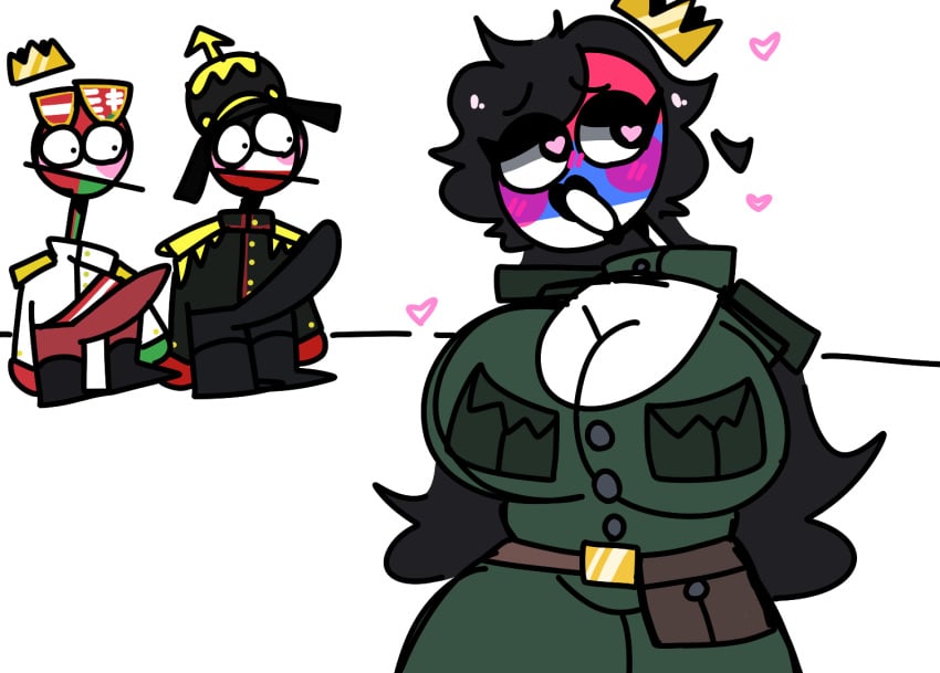 austria-hungary_(countryhumans) bimbo bimbofication black_hair blush cartoony countryhumans countryhumans_girl crown erection floating_heart german_empire_(countryhumans) heart_eyes huge_breasts joke_art long_hair no_arms serbia_(countryhumans) surprised_expression thick_thighs uniform