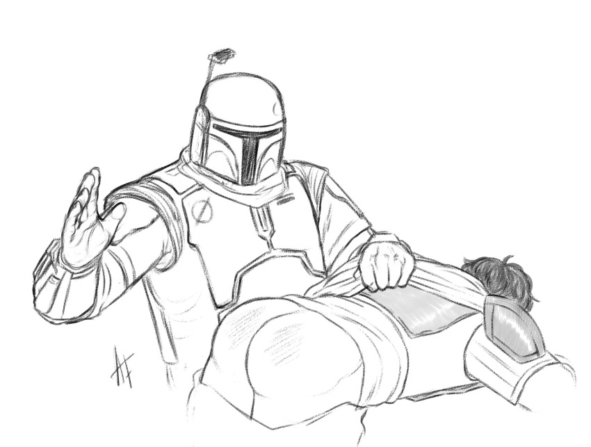 2021 2boys aprilfrederih_(artist) armor ass black_and_white boba_fett cape cape_grab din_djarin dubious_consent gay helmet male male/male male_only mandalorian mandalorian_armor mandalorian_helmet pants_down sketch spank_marks spanked spanked_butt spanking spanking_ass star_wars the_mandalorian white_background