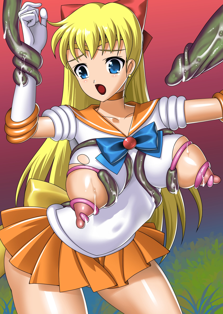 big_breasts bishoujo_senshi_sailor_moon blonde_hair blue_eyes bow clothing cyduster imminent_rape immobile large_breasts long_hair minako_aino monster_(artist) orange_skirt red_ribbon ribbon sailor_venus skirt tentacle tentacle_rape torn_clothes