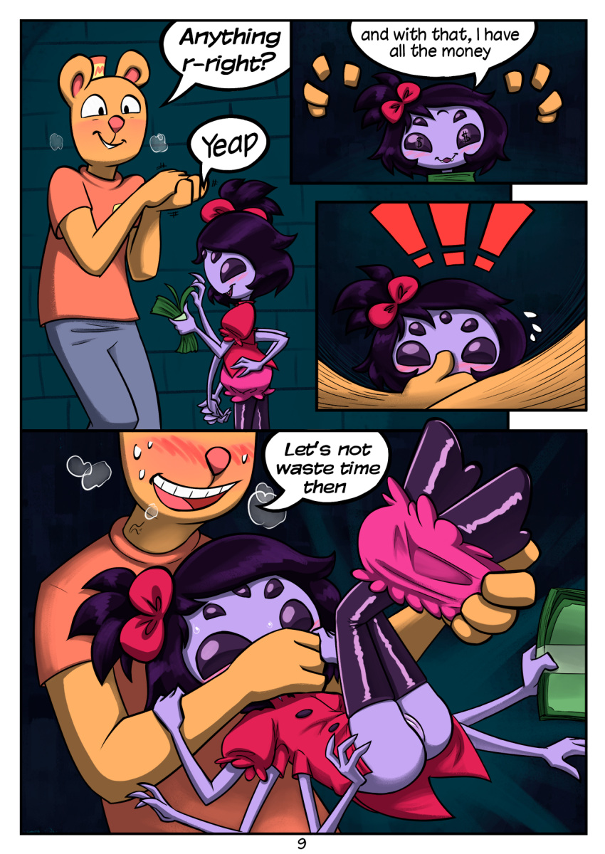 anthro blush burgerpants comic comic_page english_text female female_focus femsub humanoid imminent_sex money muffet page_9 page_number soulcentinel spider tagme undertale video_game video_games young