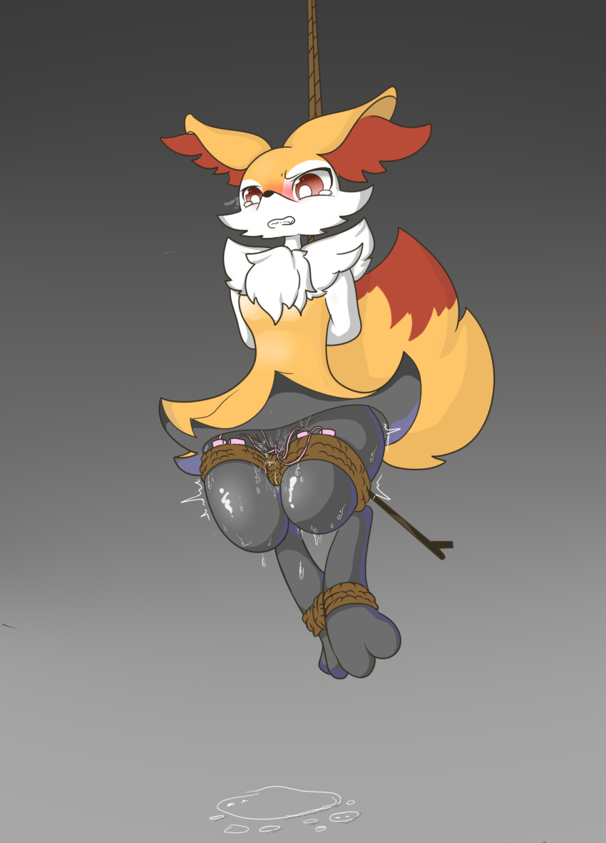 bodily_fluids bondage bound braixen female forced fur furry hi_res legs_tied nintendo orange_body orange_fur pokémon_(species) pokemon pokemon_(species) sex_toy sex_toy_insertion siru solo suspension tagme tears video_games white_body white_fur