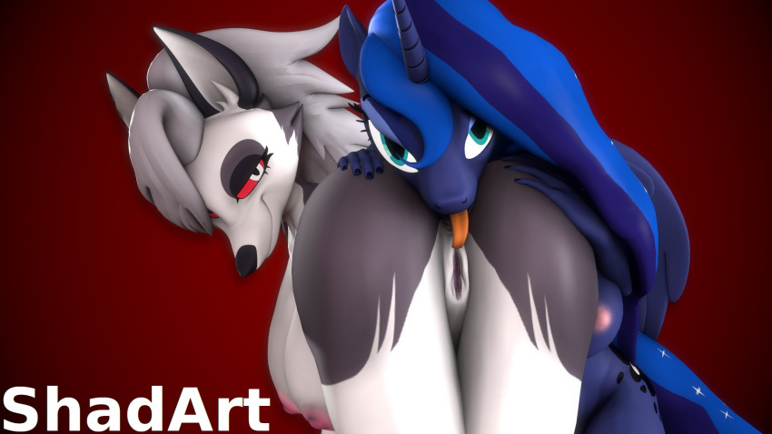 16:9 3d_(artwork) alicorn all_fours anal anthro ass big_breasts breasts canid canid_demon demon digital_media_(artwork) duo equid equine female female/female friendship_is_magic genitals gradient_background hand_on_butt hanging_breasts hasbro hellhound helluva_boss hi_res horn looking_at_viewer looking_back loona_(helluva_boss) mammal my_little_pony nude oral princess_luna_(mlp) pussy rimming sex shadart simple_background source_filmmaker tongue tongue_out wings