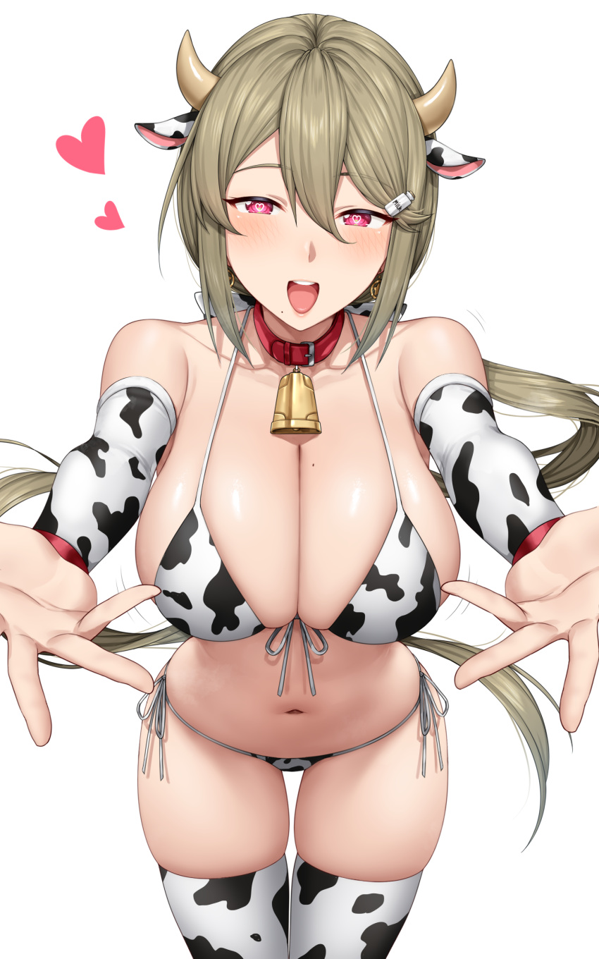 absurdres animal_ears animal_print bare_shoulders bell bikini breasts cleavage cow_ears cow_girl cow_horns cow_print cowbell earrings elbow_gloves female gloves grey_hair heart heart-shaped_pupils highres horns jewelry large_breasts navel neck_bell open_mouth original outstretched_arms red_eyes shiny shiny_skin swimsuit symbol-shaped_pupils thigh_gap thighhighs thighs yakimi_27