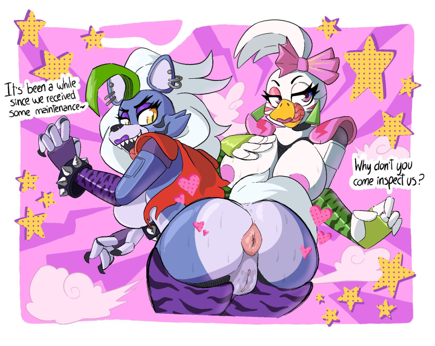 2girls 80's_theme animatronic anthro anus ass beak big_ass big_breasts big_butt bird black_nose bow_tie bracelet breasts bubble_butt chicken claws dialogue ear_piercing earrings english_text fingerless_gloves five_nights_at_freddy's five_nights_at_freddy's:_security_breach furry galliform glamrock_chica_(fnaf) green_hair grey_body grey_fur handwear heart huge_ass humanoid jewelry lips long_hair looking_at_viewer looking_back mammal multicolored_hair narrowed_eyes nipples pink_eyes purple_body pussy roxanne_wolf_(fnaf) scottgames seductive_look sharp_teeth shoulder_pads sideboob simple_background slimewiz spikes stars steel_wool_studios stockings sweat sweaty sweaty_ass sweaty_butt tail talking_to_viewer text tongue tongue_out two_tone_body two_tone_fur wet wet_pussy white_body white_feathers white_fur white_hair wolf wolf_ears wolf_humanoid wolf_tail wrist_cuffs yellow_eyes