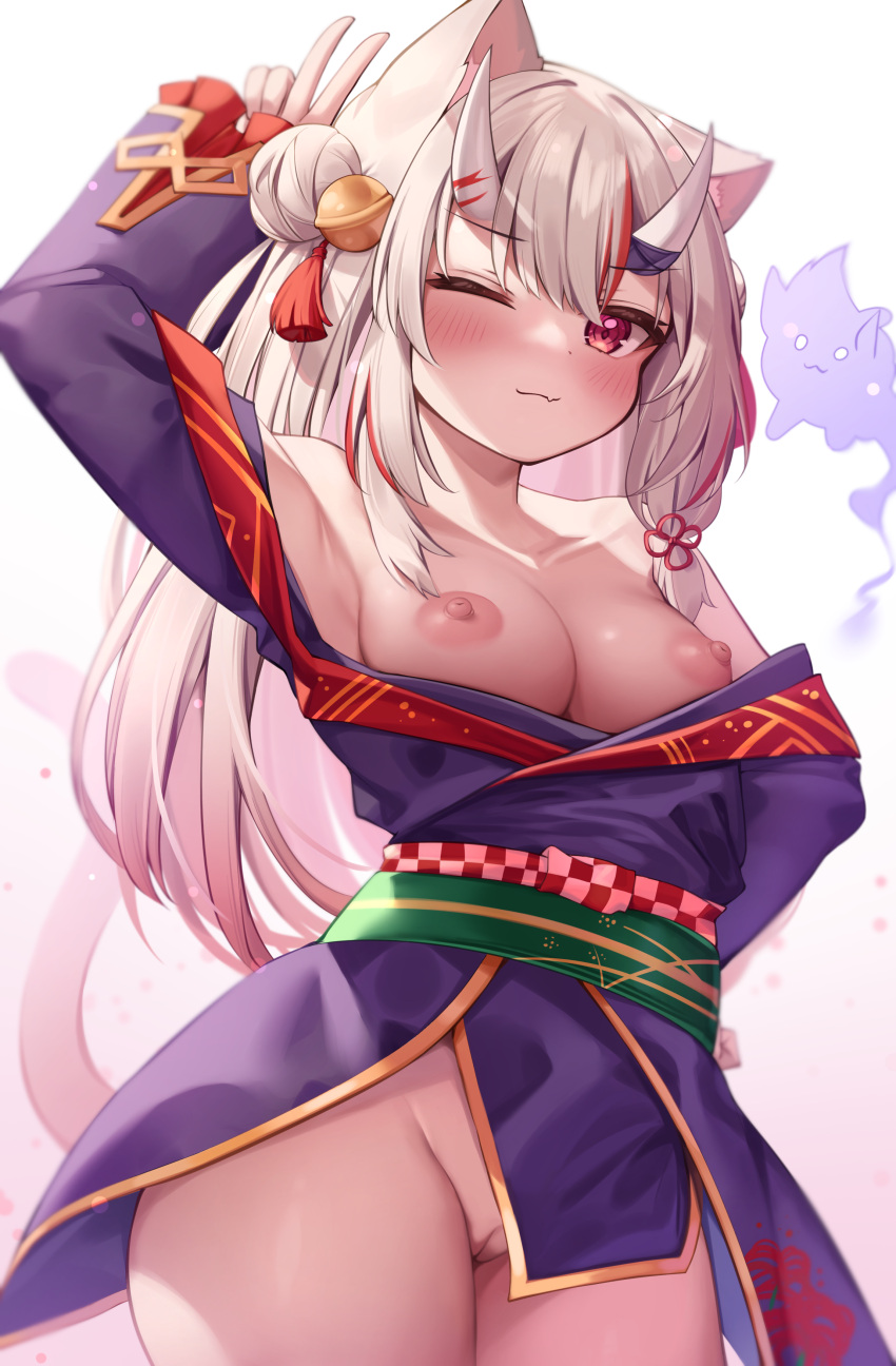 bottomless breasts breasts_out cat_tail deaver fangs half-dressed hololive hololive_gen_2 hololive_japan horns kemonomimi looking_at_viewer nakiri_ayame nekomimi nipples pussy red_eyes smile uncensored virtual_youtuber white_hair wink winking winking_at_viewer