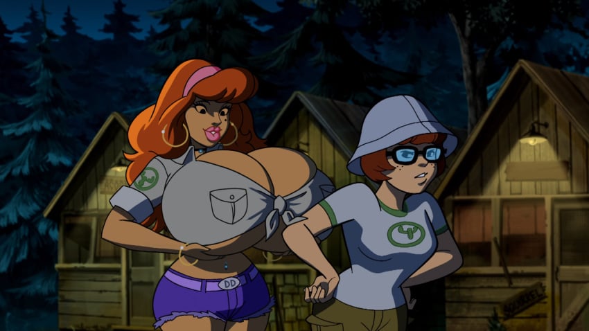 2girls alternate_breast_size annoyed arm_band beauty_mark big_breasts big_lips bimbo bimbofication breasts breasts_bigger_than_head camp_scare choker daisy_dukes daphne_blake hanna-barbera hoop_earrings huge_breasts multiple_girls navel_piercing scooby-doo scooby-doo!_camp_scare screencap screenshot_edit short_shorts thin_waist top_heavy velma_dinkley woot