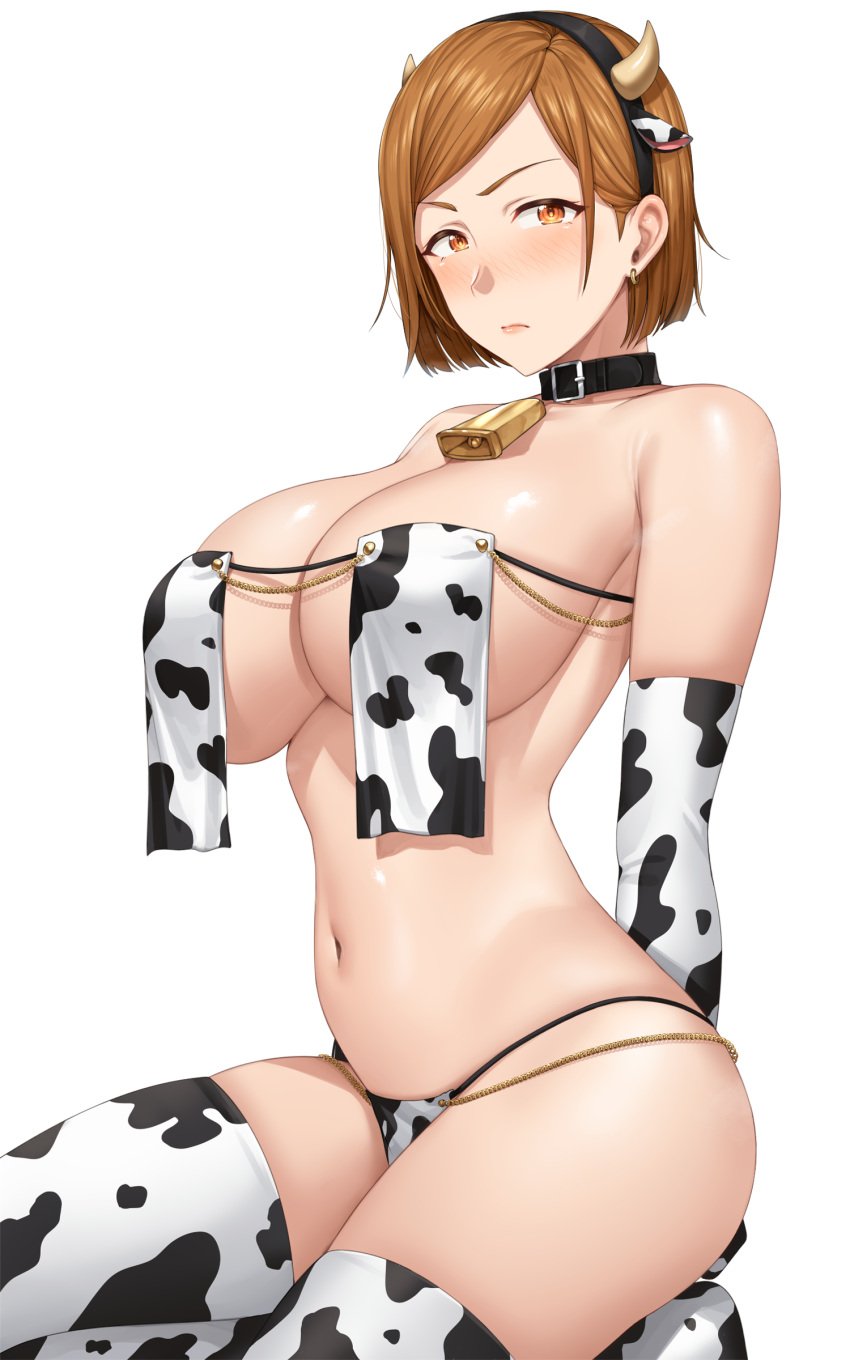 1girls absurd_res arms_behind_back bare_shoulders bell bell_collar belly big_breasts blush bondage breasts brown_eyes brown_hair brunette cleavage collar collarbone cow_bikini cow_ears cow_girl cow_horns cow_print cow_print_armwear cow_print_gloves cow_print_legwear cow_print_stockings cow_print_thighhighs cow_print_thong cowbell earrings elbow_gloves female gloves headband hi_res highres hips huge_breasts jujutsu_kaisen kugisaki_nobara large_breasts looking_at_viewer midriff on_knees shiny_skin short_hair shoulders sideboob slim_waist small_waist solo thick thick_thighs thigh_highs thighhighs thighs underboob waist wide_hips yakimi_27