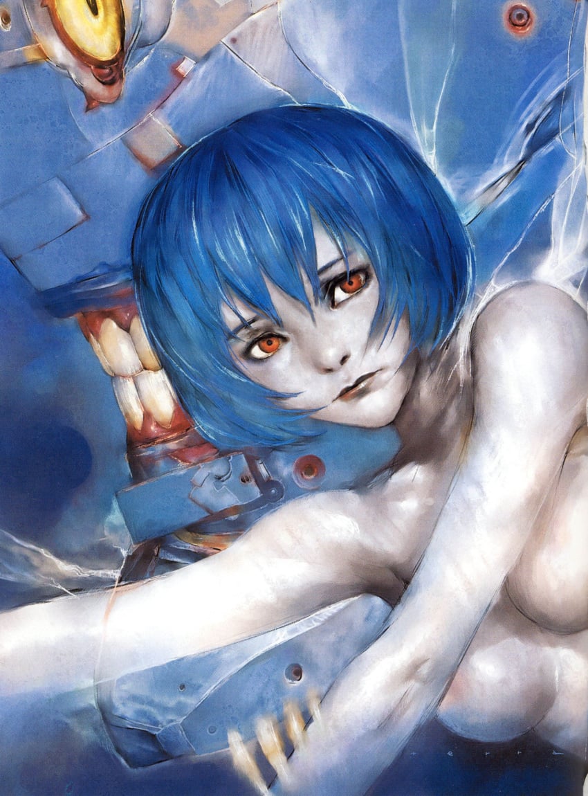 blue_hair breasts eva_00 female high_resolution katsuya_terada medium_breasts neon_genesis_evangelion official_art pale_skin realistic red_eyes rei_ayanami scan short_hair solo very_high_resolution