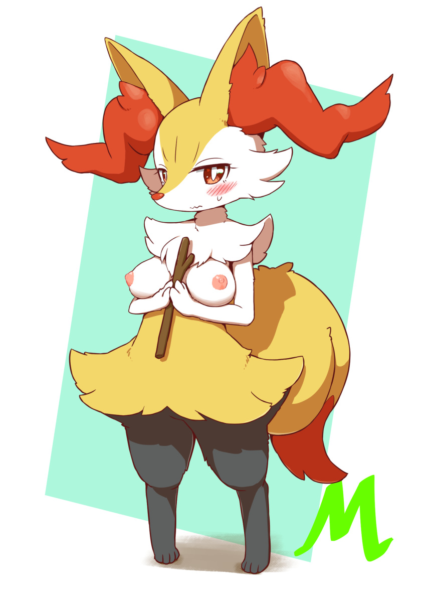 2021 anthro areola blush braixen breasts dipstick_tail female fur furry grey_body grey_fur hi_res inner_ear_fluff kemono koorinezumi markings medium_breasts multicolored_body multicolored_fur multicolored_tail nintendo nipples pokémon_(species) pokemon pokemon_(species) red_body red_fur solo tail_markings tuft video_games white_body white_fur yellow_body yellow_fur