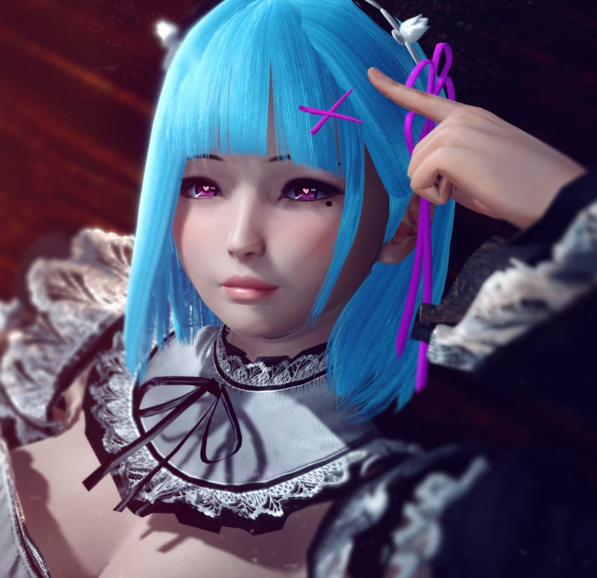 1girls ahwlly ahwlly_(artist) blue_hair bob_cut cosplay female female_only hair_ornament hair_ribbon hairclip heart-shaped_pupils looking_at_viewer maid_headdress mole mole_under_eye pink_eyes pointing_at_self re:zero_kara_hajimeru_isekai_seikatsu rem_(re:zero)_(cosplay) self_insert short_hair solo