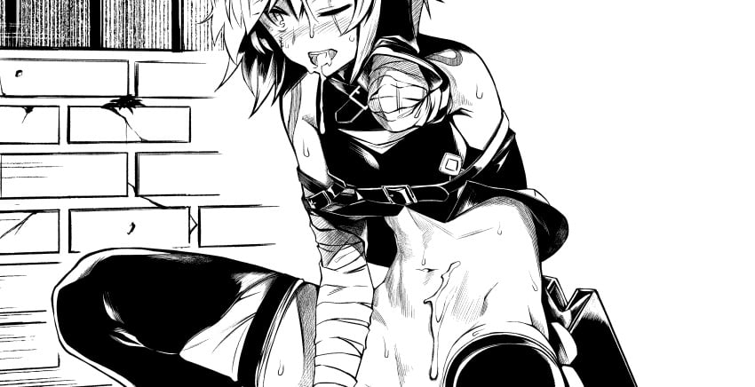 absurdres bandaged_arm bandages breasts buckle cropped_vest cum cum_in_mouth cum_on_stomach cum_on_tongue cumdrip fate/apocrypha fate_(series) female greyscale hair_between_eyes highres jack_the_ripper_(fate/apocrypha) monochrome navel no_panties one_eye_closed open_mouth orochi_itto scar scar_across_eye scar_on_cheek scar_on_face short_hair shoulder_tattoo small_breasts solo squatting tattoo thighhighs tongue tongue_out vest