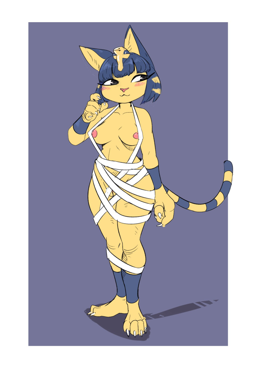 2020 animal_crossing ankha ankha_(animal_crossing) anthro barely_visible_genitalia barely_visible_pussy blush breasts claws clothing egyptian_clothing erect_nipples felid feline female genitals hi_res jokoifu looking_away mammal mummy_wrappings nintendo nipples pussy simple_background solo video_games