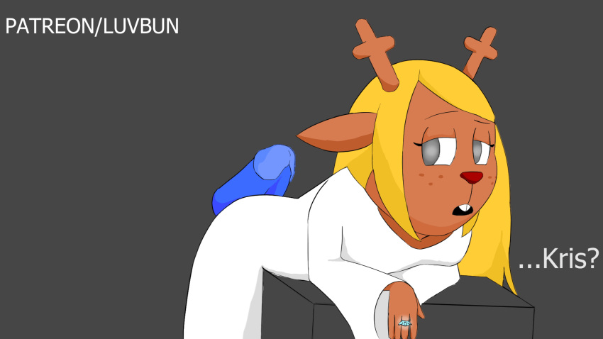 animated anthro antlers blonde_hair buttjob buttjob_over_clothes capreoline cervid clothed clothing deltarune disembodied_penis duo female freckles genitals hair hi_res horn hot_dogging human kris_(deltarune) lil'bun looking_back male male/female mammal noelle_holiday penis red_nose reindeer ring robe undertale_(series) video_games